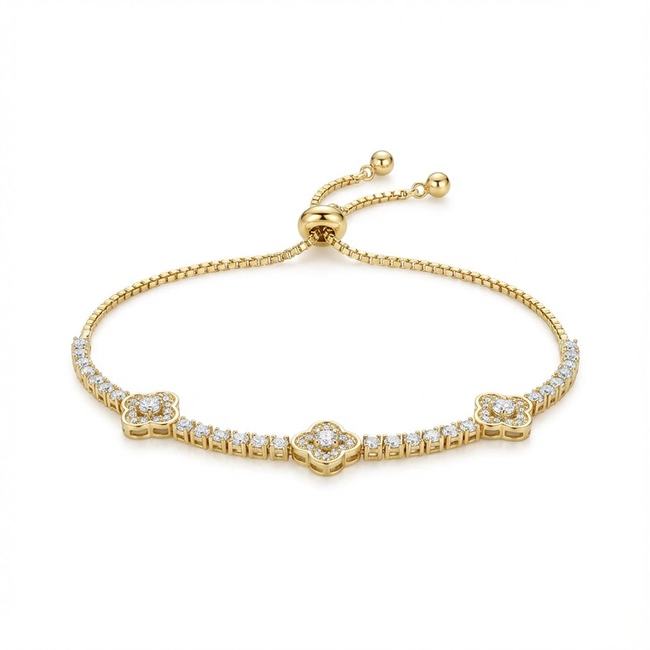 Pulsera Ajustable Tréboles Strass Dorado Rodinado