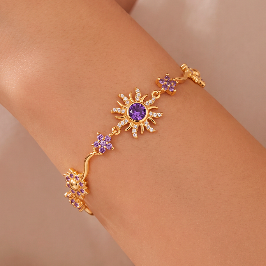 Pulsera Sol Princesa Piedra Morada Dorado Rodinado