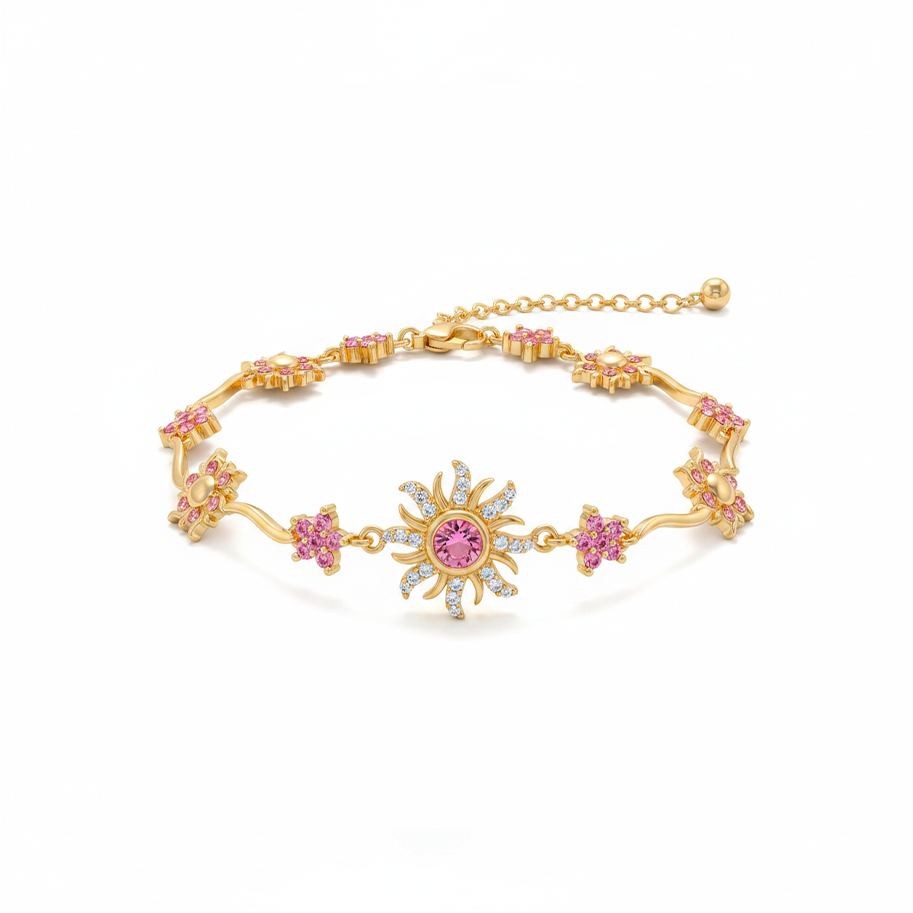 Pulsera Sol Princesa Piedra Rosada Dorado Rodinado
