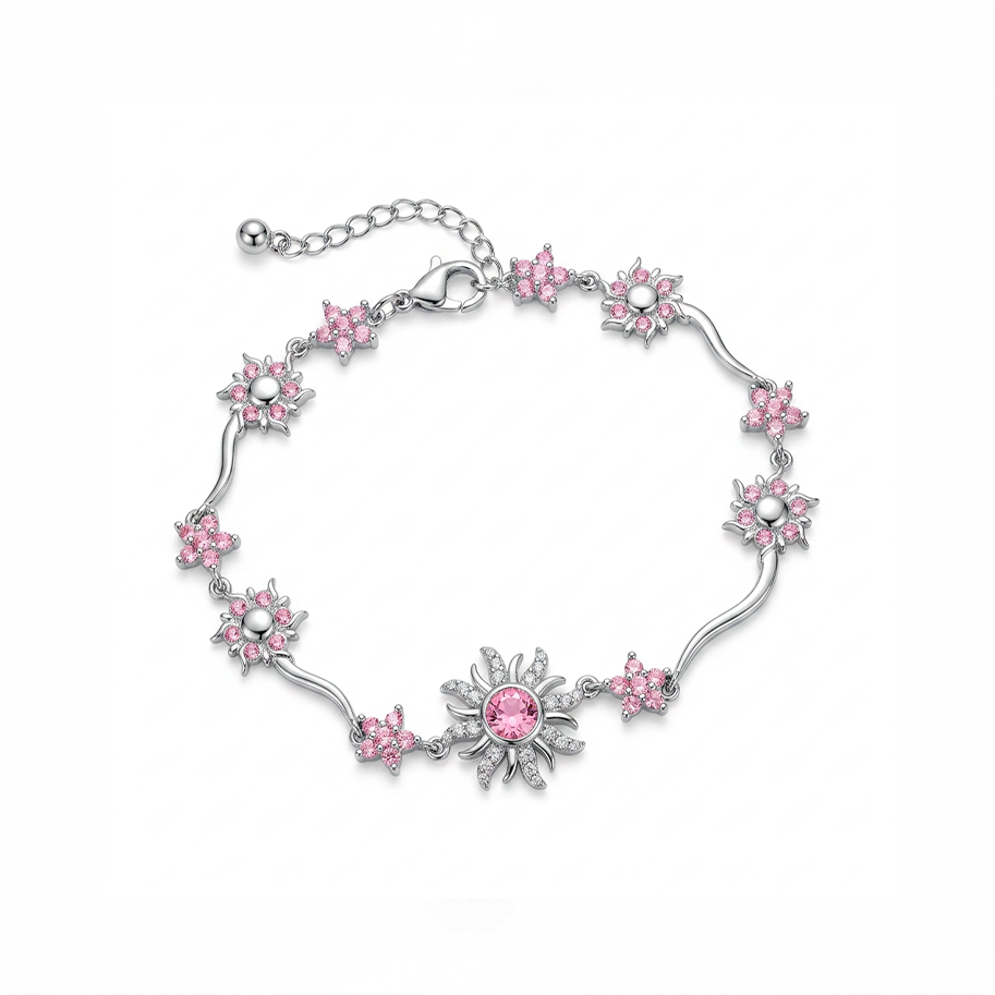 Pulsera Sol Princesa Piedra Rosada Plateado Rodinado