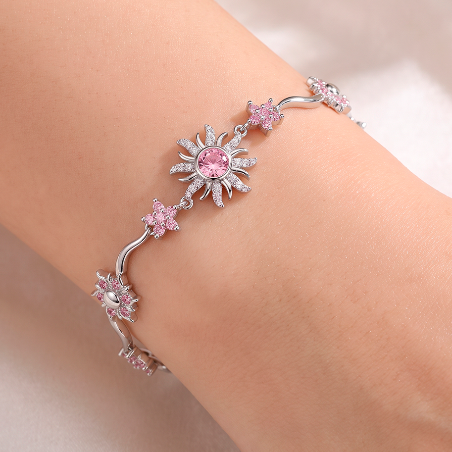 Pulsera Sol Princesa Piedra Rosada Plateado Rodinado