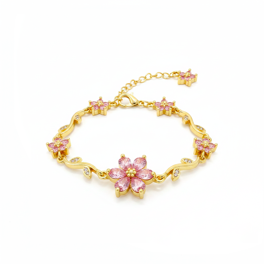 Pulsera Terminada Flor Piedra Rosada