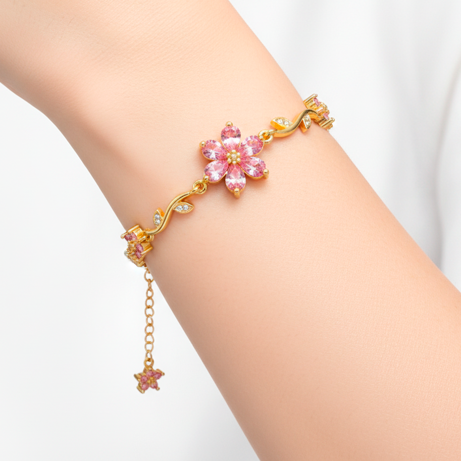 Pulsera Terminada Flor Piedra Rosada