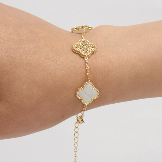 Pulsera Trébol Clov Piedra Blanca Circones Dorado Rodinado