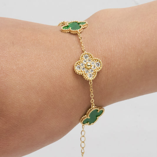 Pulsera Trébol Clov Piedra Verde Circones Dorado Rodinado