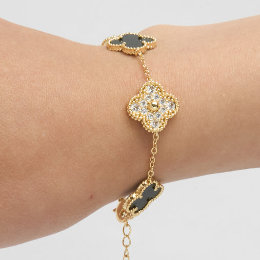 Pulsera Trébol Clov Piedra Negra Circones Dorado Rodinado