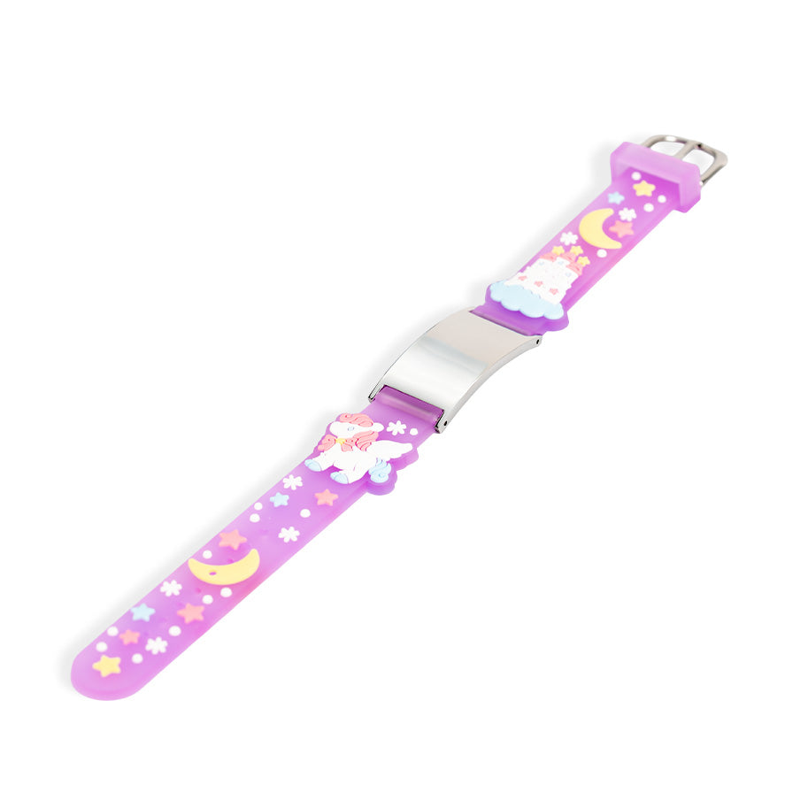 Pulsera Identificación Lila Unicornio De Acero Para Niña