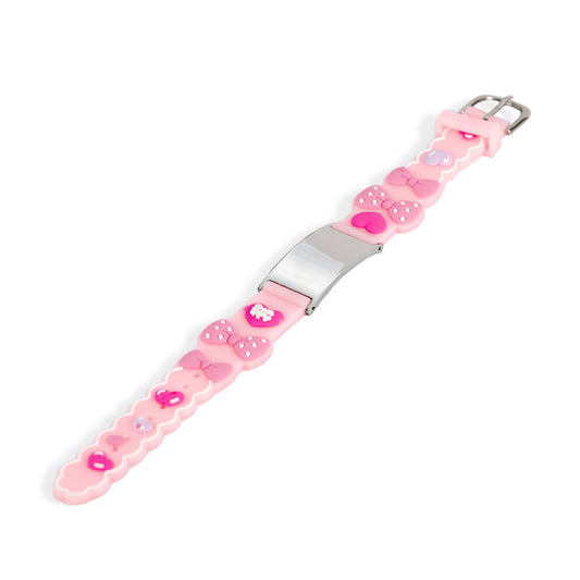 Pulsera Identificación Rosada Moños De Acero Para Niña