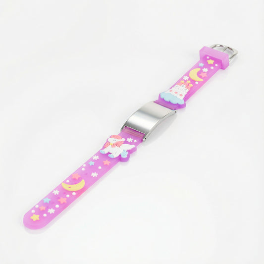 Pulsera Identificación Lila Unicornio De Acero Para Niña