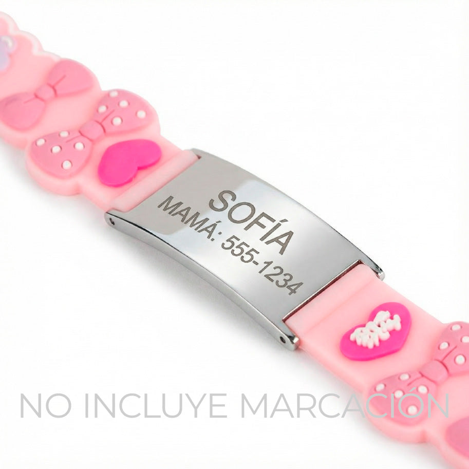 Pulsera Identificación Rosada Moños De Acero Para Niña