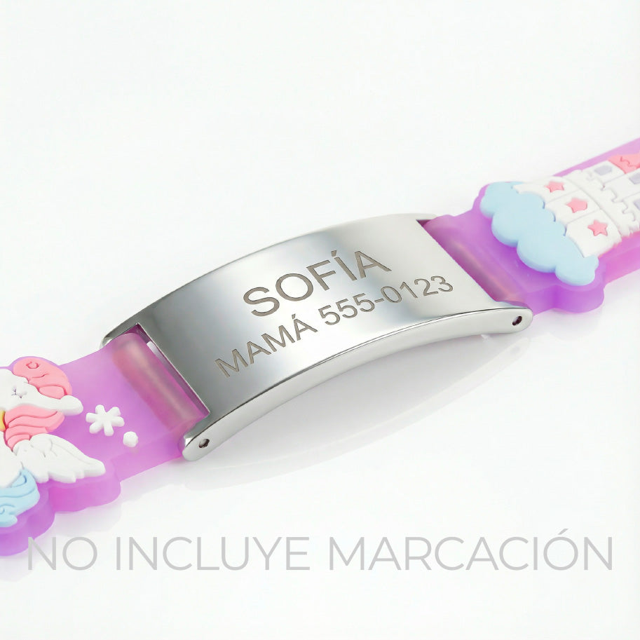 Pulsera Identificación Lila Unicornio De Acero Para Niña