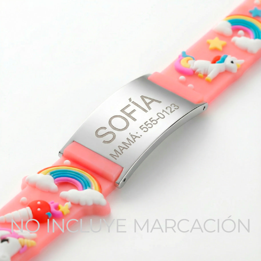 Pulsera Identificación Rosada Unicornio De Acero Para Niña