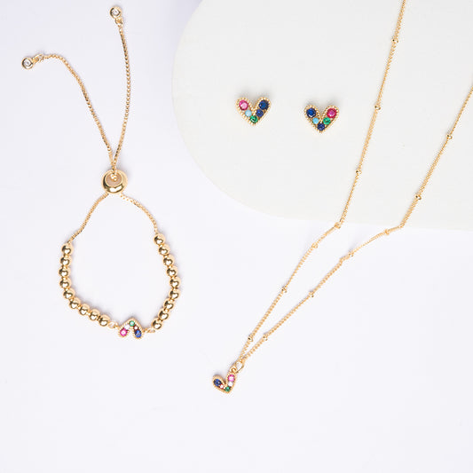 Set Rodinado Corazón Cristal Piedra Multicolor Dorado