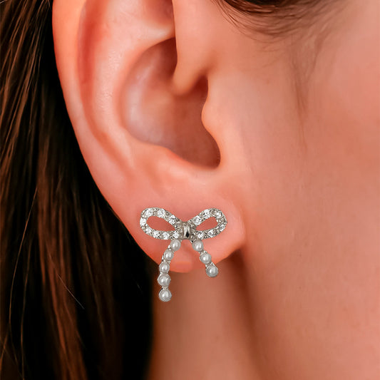 Topos Coquette Circón Perla Plateado X Par Rodinados / 1.5cm