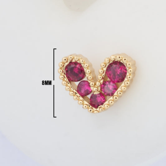 Topos Corazón Cristal Piedra Fucsia X Par Rodinados / 8mm