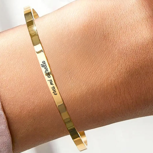 Brazalete Personalizable Plano Corazón De Acero 6mm Dorado + Marcación 1 Lado