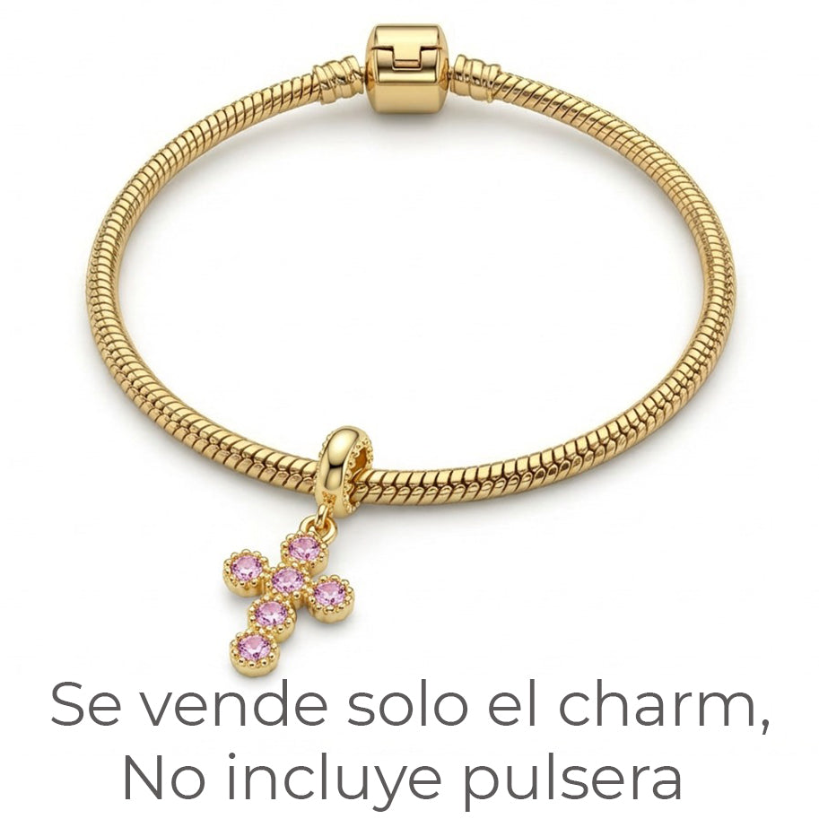 Charm Cruz Circones Piedra Rosada Dorado Rodinado