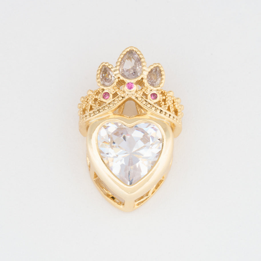 Dije Corazón Con Corona Piedra Blanca Rodinado