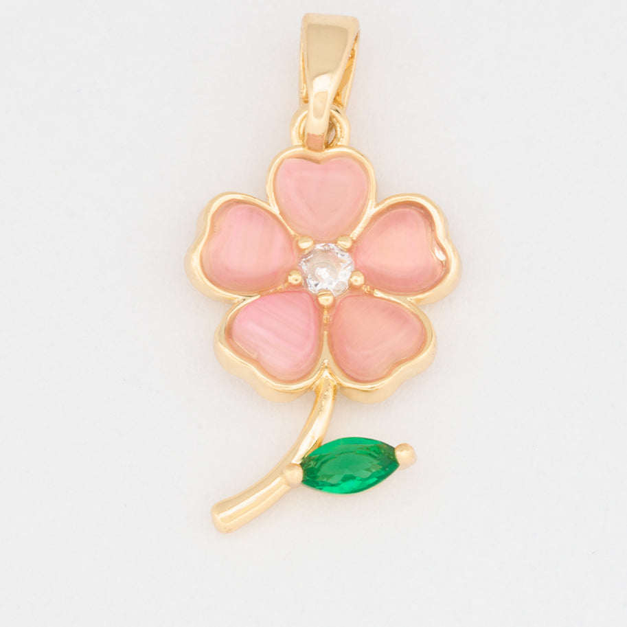 Dije Flor Tallo Piedra Rosado Dorado Rodinado