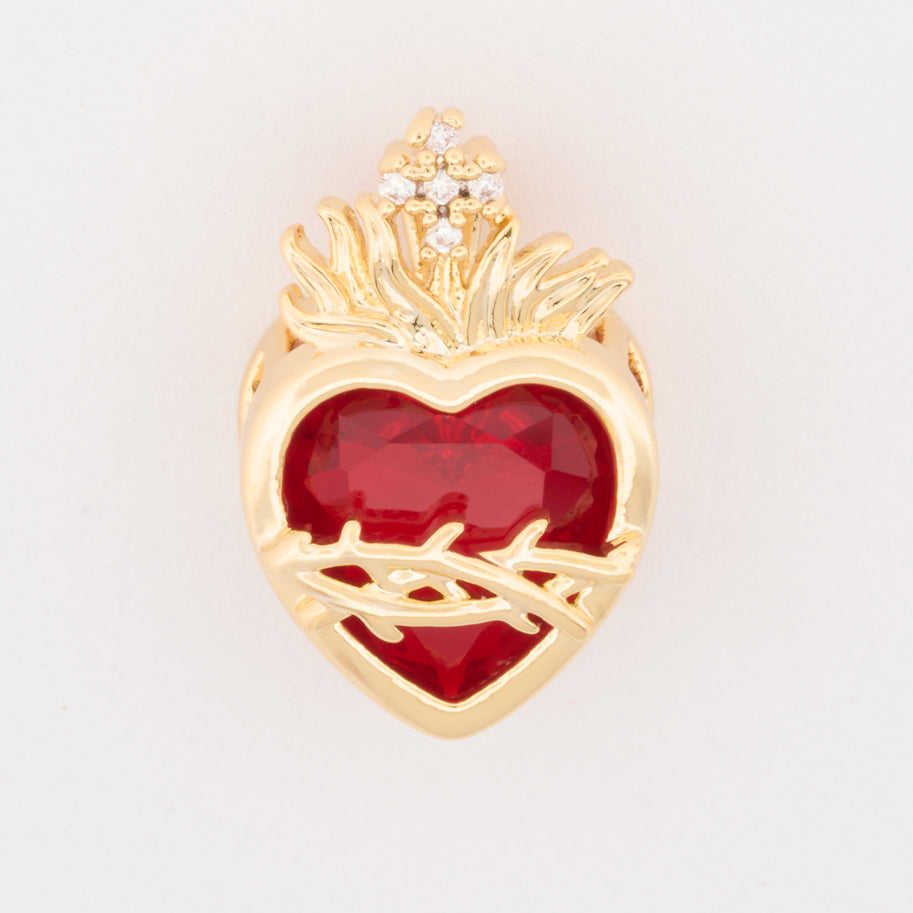 Dije Sagrado Corazón Piedra Roja Pasador Dorado Rodinado