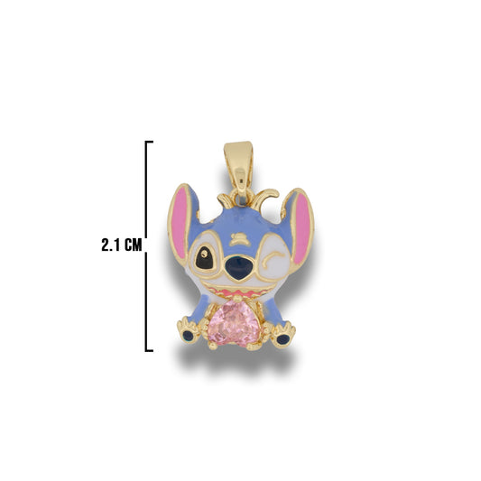 Dije Stitch Corazón Circón Piedra Rosada Dorado Rodinado