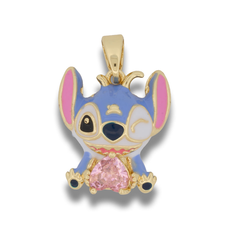 Dije Stitch Corazón Circón Piedra Rosada Dorado Rodinado