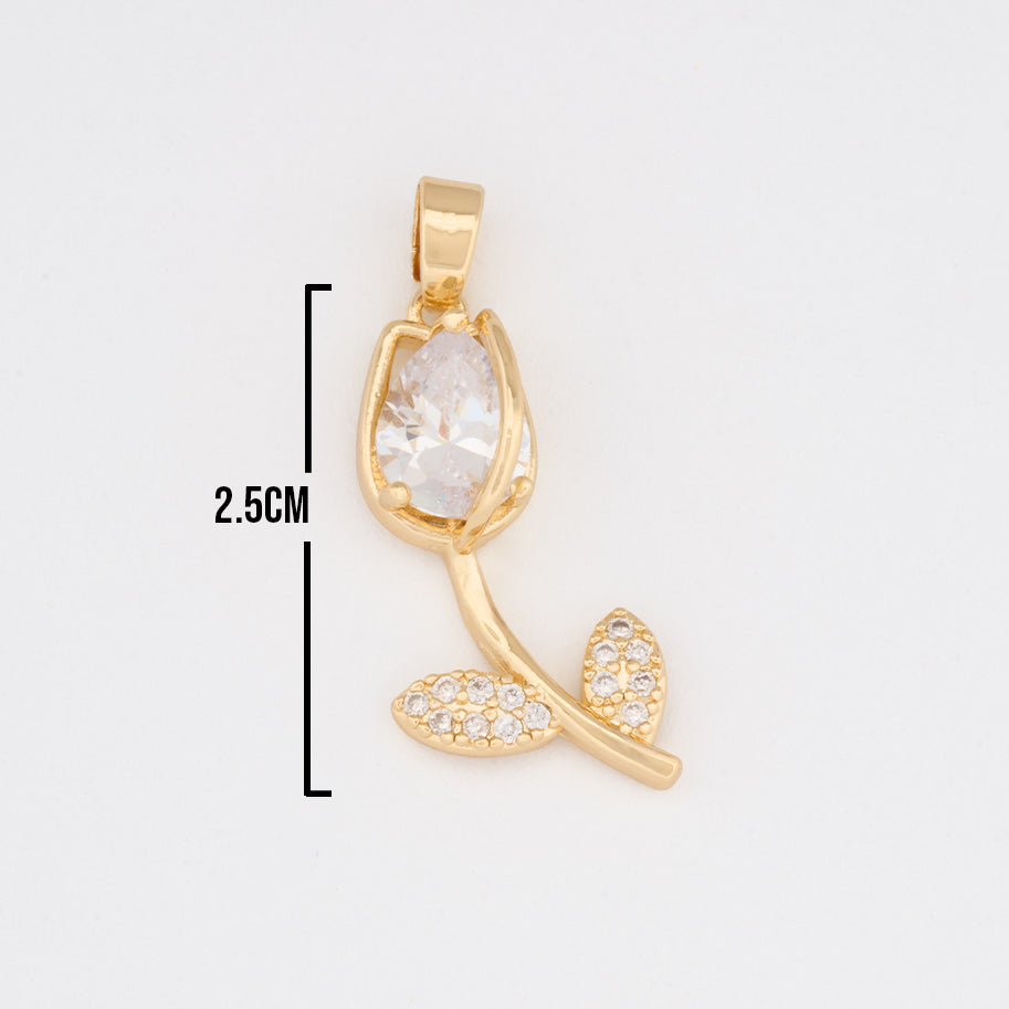 Dije Tulipán Tallo Piedra Blanca Dorado Rodinado