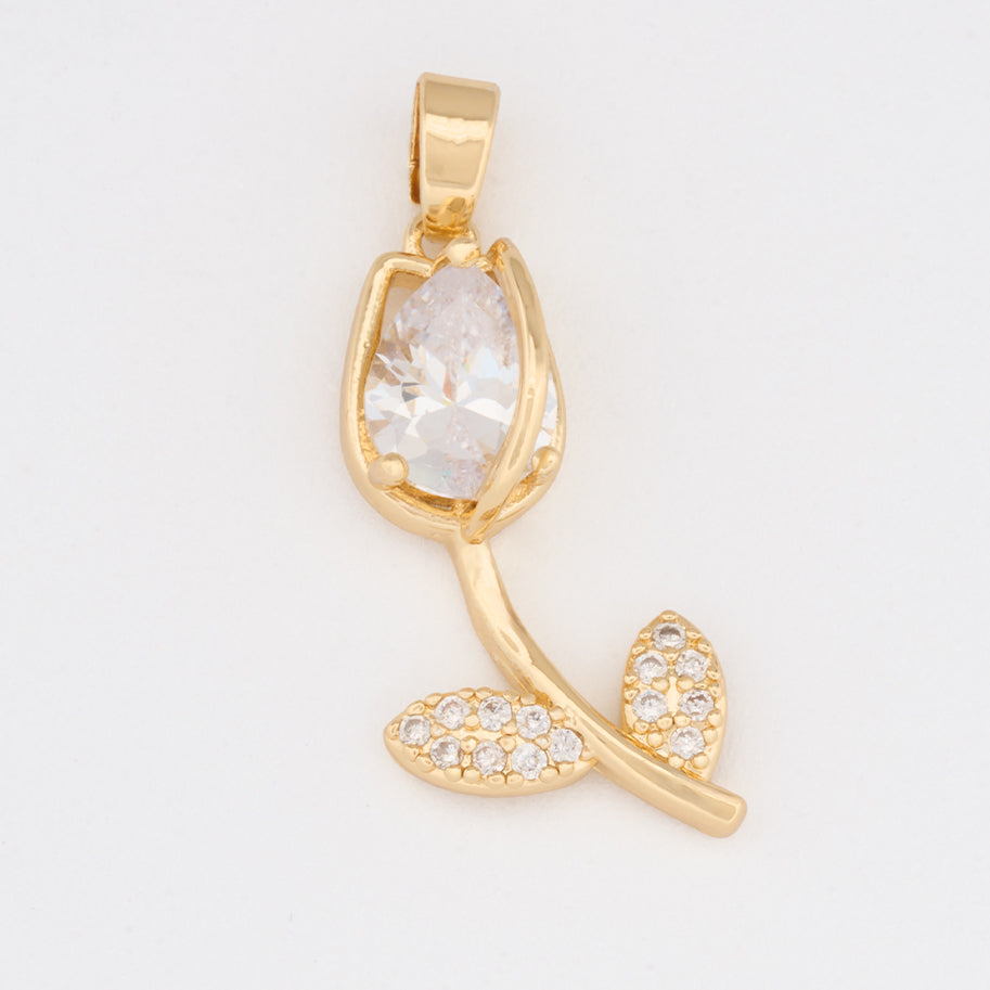 Dije Tulipán Tallo Piedra Blanca Dorado Rodinado