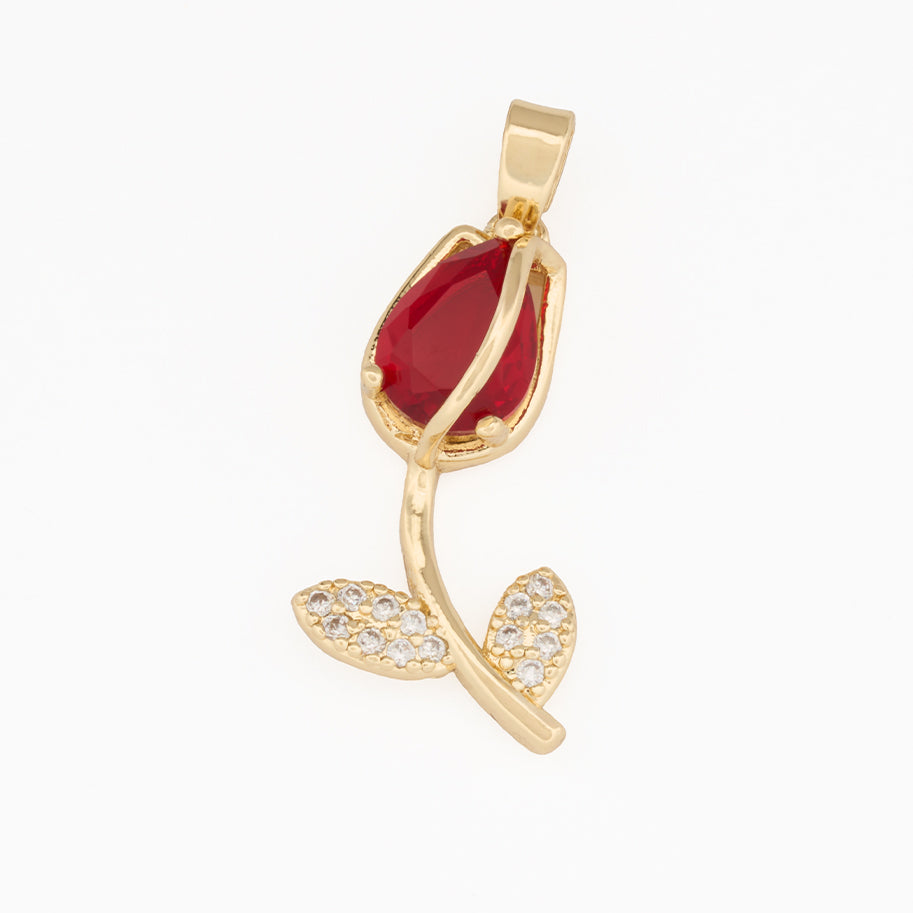 Dije Tulipán Tallo Piedra Roja Dorado Rodinado