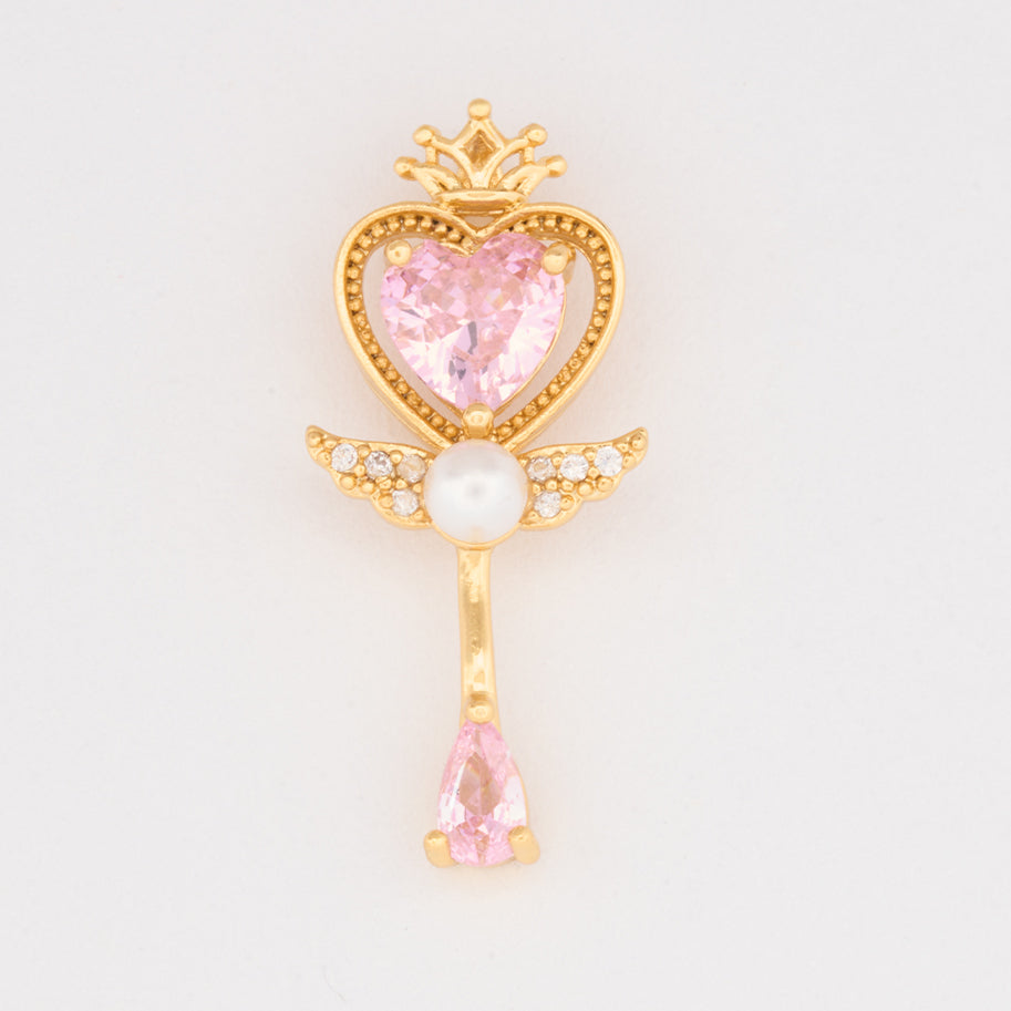 Dije Varita Mágica De Corazón Piedra Rosada Dorado Rodinado
