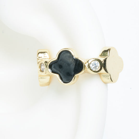 Ear Cuff Trebol Clov Piedra Negra Rodinado