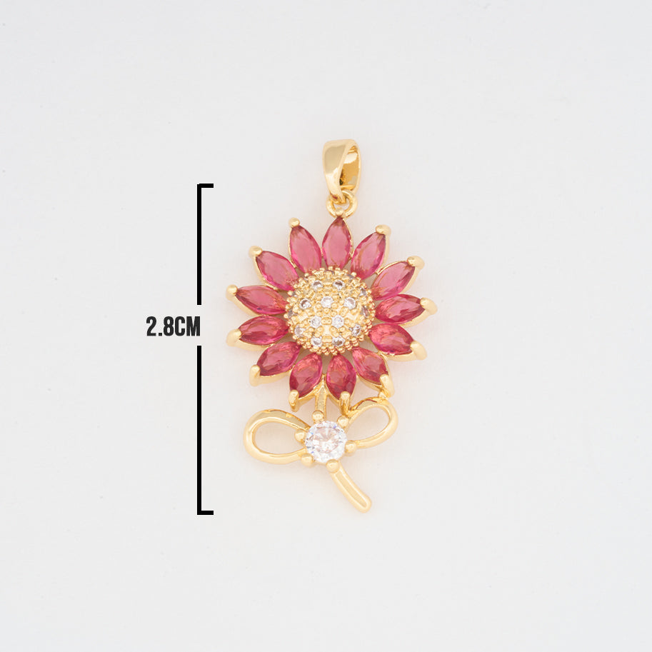 Dije Girasol Tallo Piedra Fucsia Dorado Rodinado