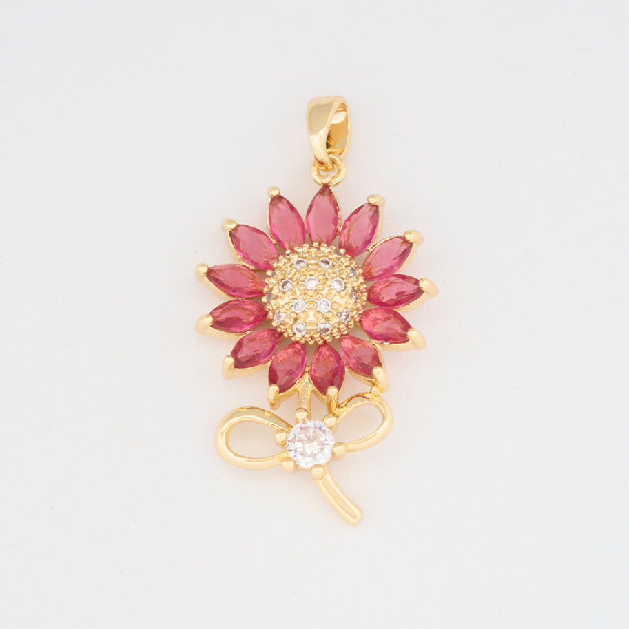 Dije Girasol Tallo Piedra Fucsia Dorado Rodinado