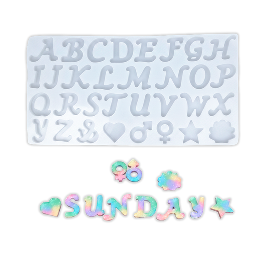 Molde De Silicona Abecedario y Figuras 19 x 35 Cm Para Resina