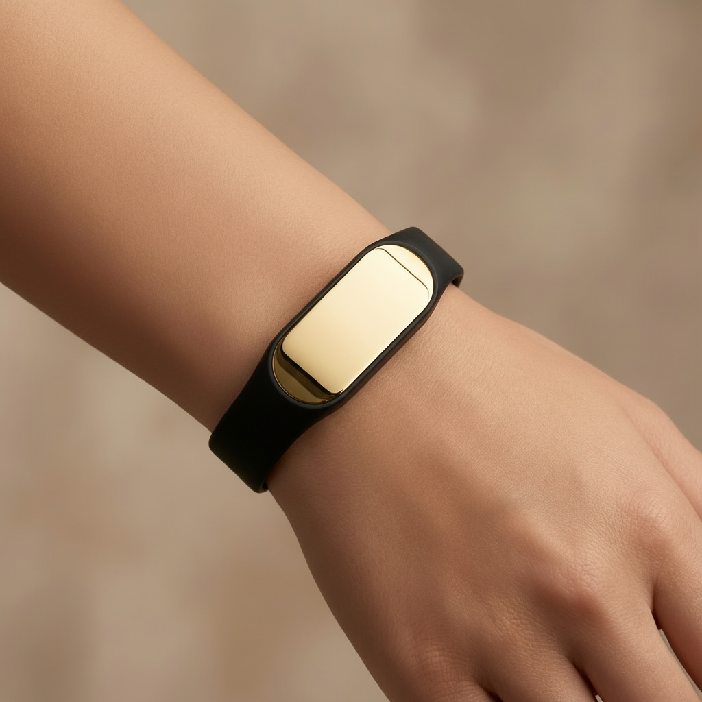 Pulsera De Identificación Correa Ajustable Negra Dorado Acero