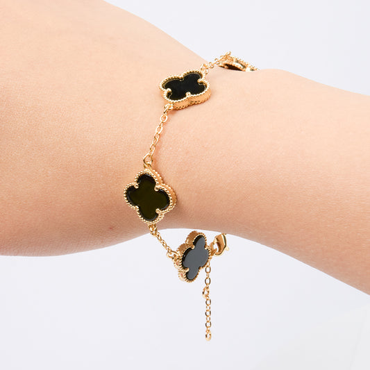Pulsera Trebol Clov Piedra Negra Dorado Rodinado