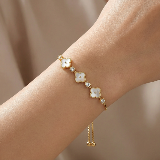 Pulsera Ajustable Tréboles Blanco Circones Dorado Rodinado