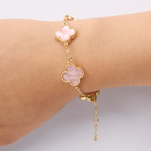 Pulsera Trebol Clov Piedra Rosada Dorado Rodinado