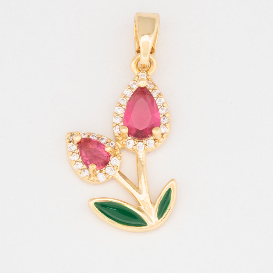 Dije Tulipán Doble Piedra Fucsia Dorado Rodinado